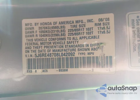 2008 Honda Cr-V Ex-L z USA, uszkodzony, nr VIN 5J6RE48708L042092